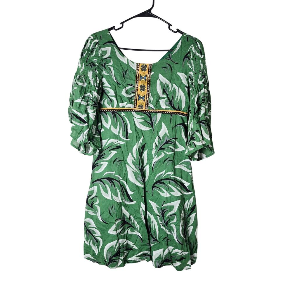 Anthropologie Green Leaf-Print Mini Dress with Yellow Embellished Trim
